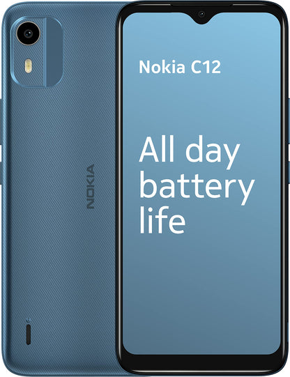 Nokia C12 6.3” HD+ Dual SIM Smartphone, Android 12 (Go edition), Octa-core 2GB RAM/64GB ROM, 8MP Rear /5MP Front Cameras, Night & Portrait modes, IP52 Rating, 3000mAh Battery - Cyan