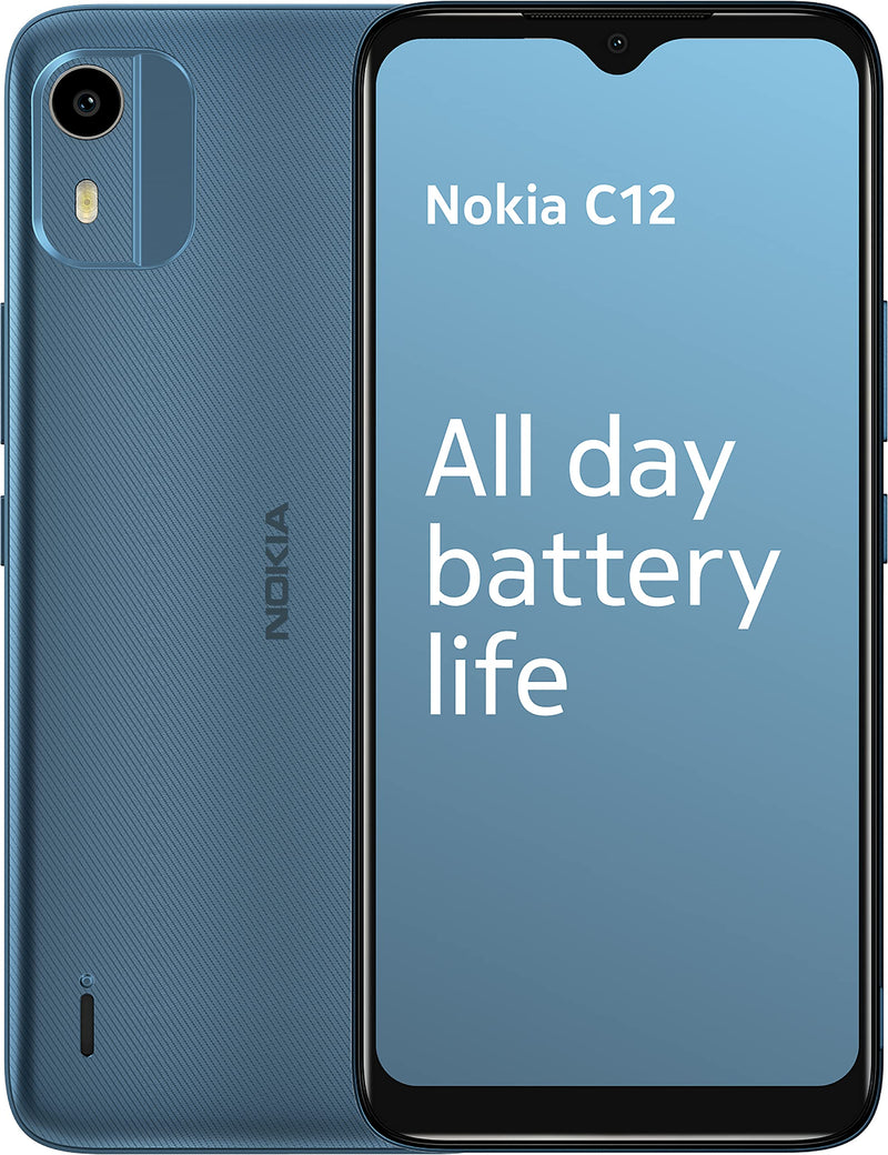 Nokia C12 6.3” HD+ Dual SIM Smartphone, Android 12 (Go edition), Octa-core 2GB RAM/64GB ROM, 8MP Rear /5MP Front Cameras, Night & Portrait modes, IP52 Rating, 3000mAh Battery - Cyan