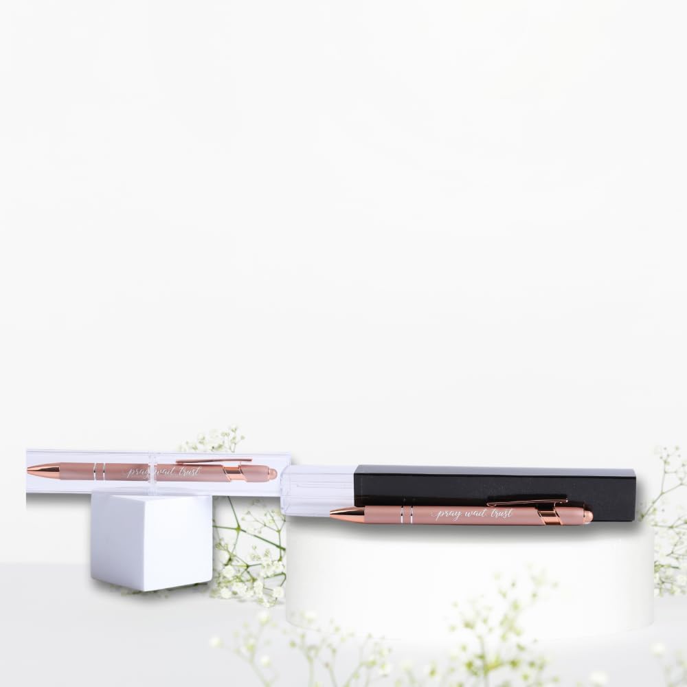 Pray Wait Trust Rose Gold Retractable Ballpoint Pen with Stylus Tip Black Ink Writing Pen No Bleed Through | Inspirational Religious Gift for Christians