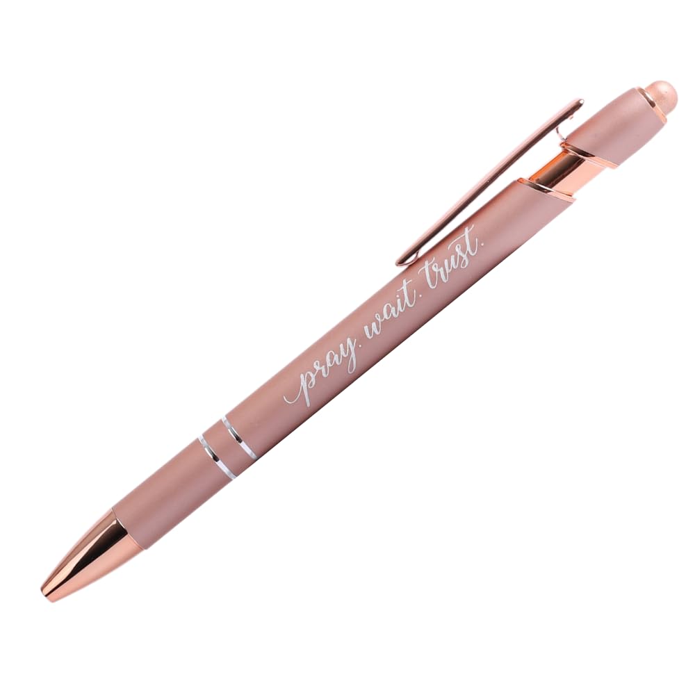 Pray Wait Trust Rose Gold Retractable Ballpoint Pen with Stylus Tip Black Ink Writing Pen No Bleed Through | Inspirational Religious Gift for Christians