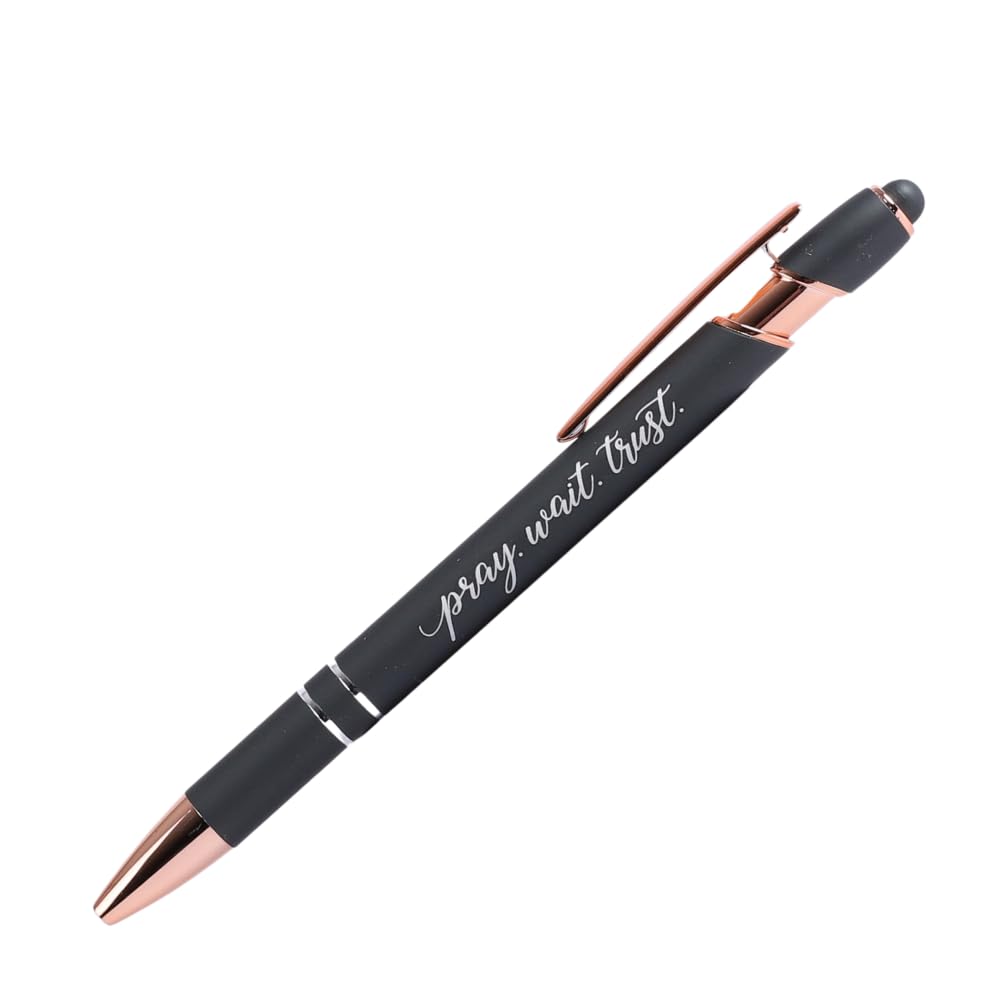 Pray Wait Trust Dark Grey Retractable Ballpoint Pen with Stylus Tip Black Ink Writing Pen No Bleed Through | Inspirational Religious Gift for Christians