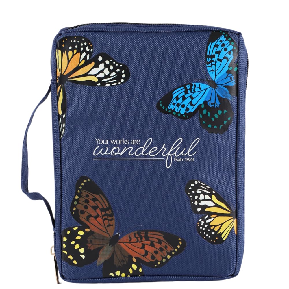 Butterfly Bible Cover Made in Canvas | Bible Case Church Bags| Book Holder with Handle Strap Zipper Penloop Ribbon Bookmarks Interior Pockets| Large