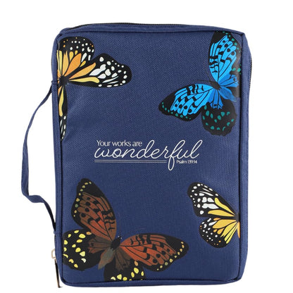 Butterfly Bible Cover Made in Canvas | Bible Case Church Bags| Book Holder with Handle Strap Zipper Penloop Ribbon Bookmarks Interior Pockets| Large