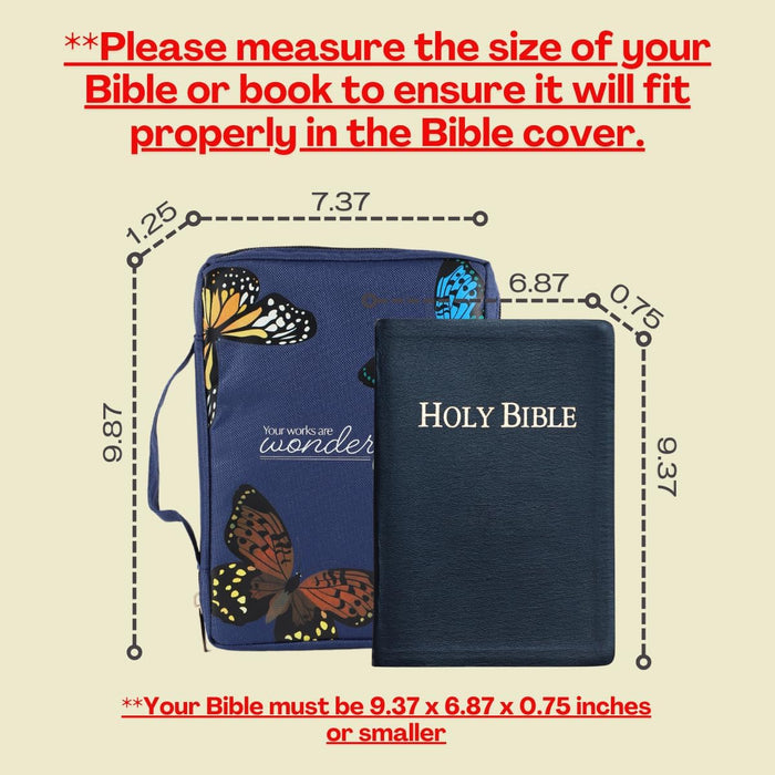 Butterfly Bible Cover Made in Canvas | Bible Case Church Bags| Book Holder with Handle Strap Zipper Penloop Ribbon Bookmarks Interior Pockets| Large