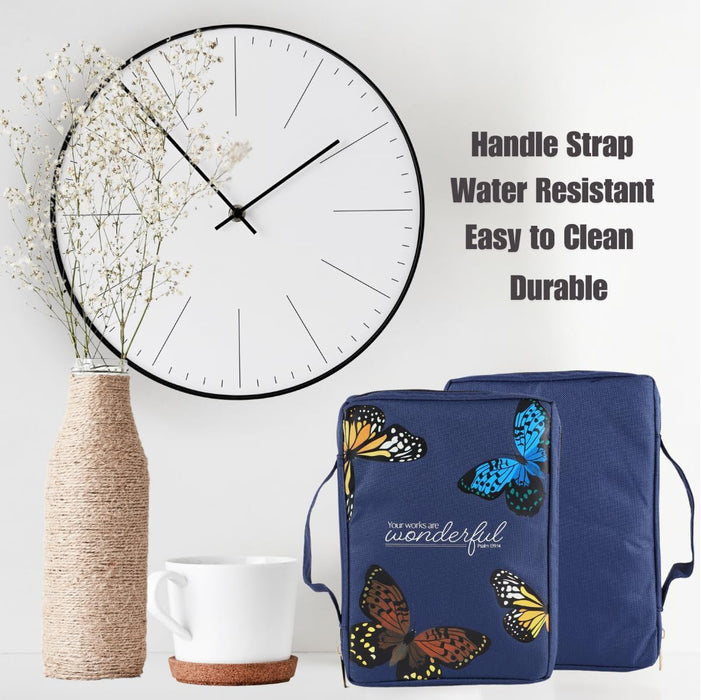 Butterfly Bible Cover Made in Canvas | Bible Case Church Bags| Book Holder with Handle Strap Zipper Penloop Ribbon Bookmarks Interior Pockets| Large