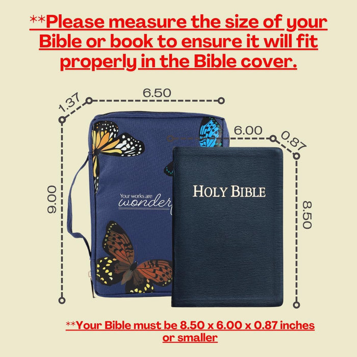Butterfly Navy Blue Bible Cover | Bible Case | Book Bag | Book Cover Protector with Ribbon Bookmark Pen Loop Organizer Pockets (9X6.5X1.37 Inches