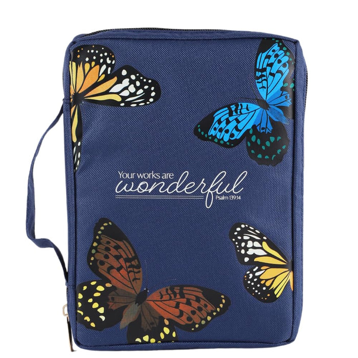 Butterfly Navy Blue Bible Cover | Bible Case | Book Bag | Book Cover Protector with Ribbon Bookmark Pen Loop Organizer Pockets (9X6.5X1.37 Inches