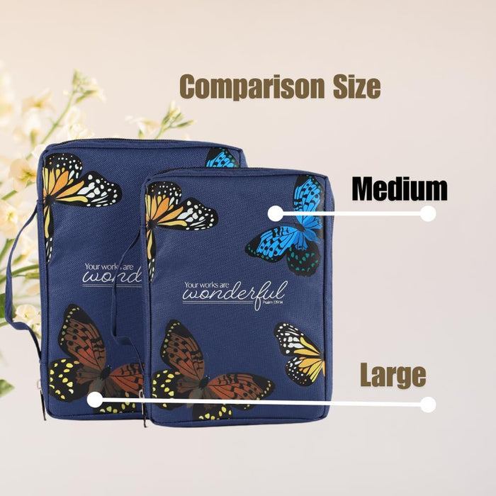 Butterfly Navy Blue Bible Cover | Bible Case | Book Bag | Book Cover Protector with Ribbon Bookmark Pen Loop Organizer Pockets (9X6.5X1.37 Inches