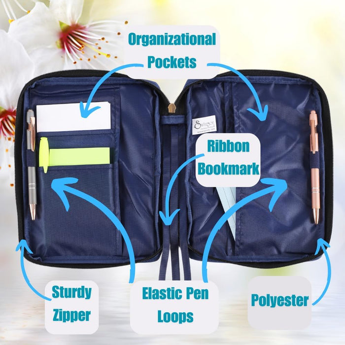 Butterfly Navy Blue Bible Cover | Bible Case | Book Bag | Book Cover Protector with Ribbon Bookmark Pen Loop Organizer Pockets (9X6.5X1.37 Inches