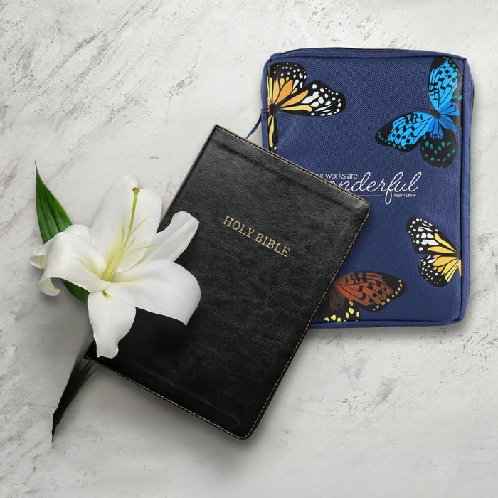 Butterfly Navy Blue Bible Cover | Bible Case | Book Bag | Book Cover Protector with Ribbon Bookmark Pen Loop Organizer Pockets (9X6.5X1.37 Inches