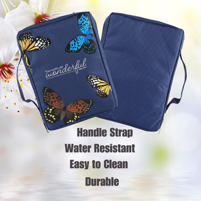 Butterfly Navy Blue Bible Cover | Bible Case | Book Bag | Book Cover Protector with Ribbon Bookmark Pen Loop Organizer Pockets (9X6.5X1.37 Inches