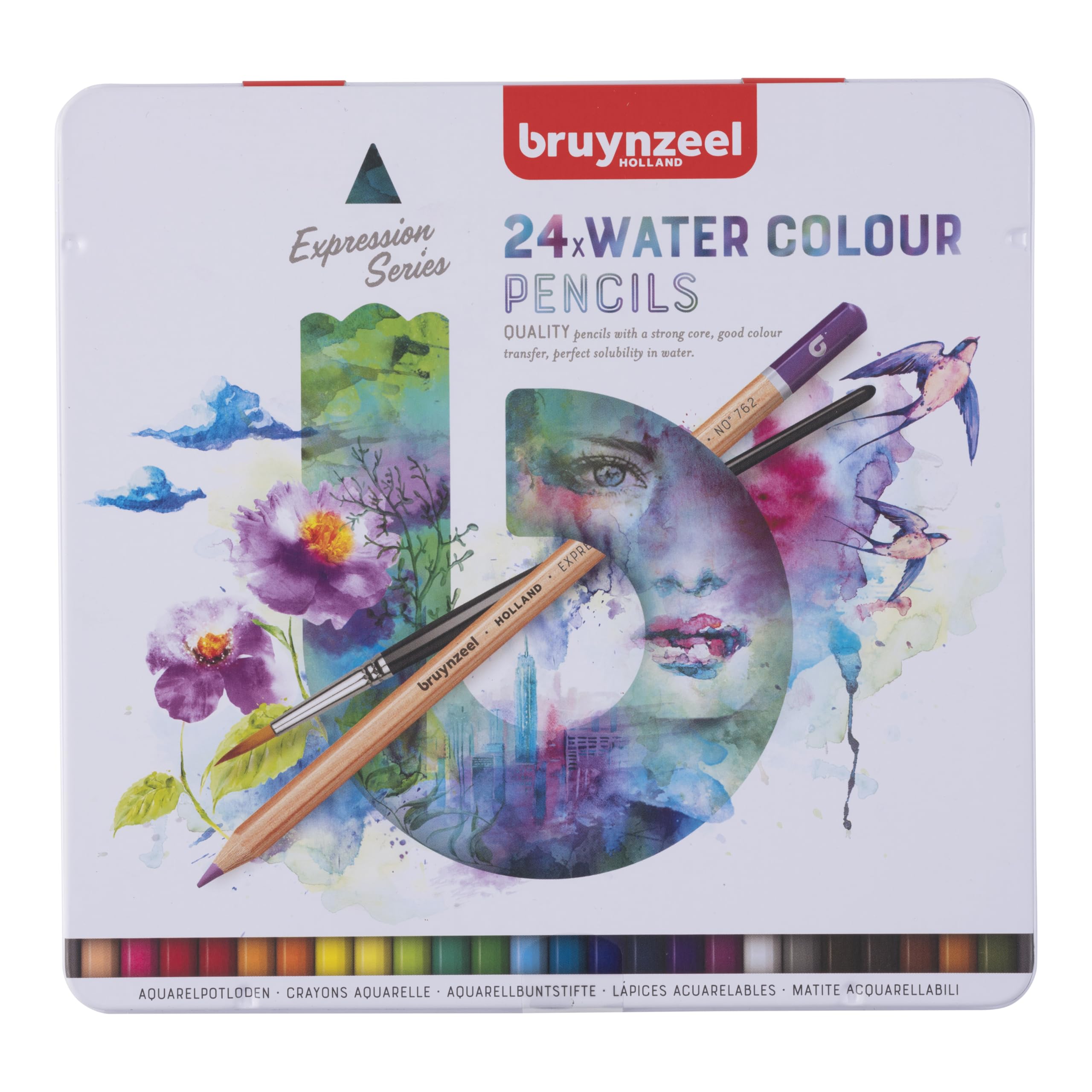 BRUYNZEEL Expression Crayons de couleur aquarellables set de 24 + pinceau| Crayons solubles à l'eau pour adultes, Bullet Journaling