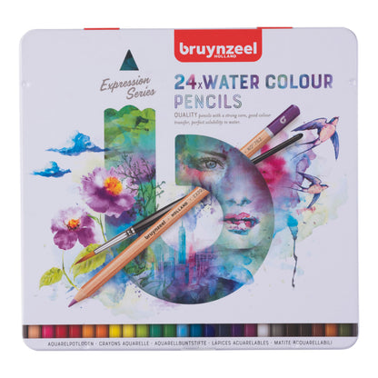 BRUYNZEEL Expression Crayons de couleur aquarellables set de 24 + pinceau| Crayons solubles à l'eau pour adultes, Bullet Journaling