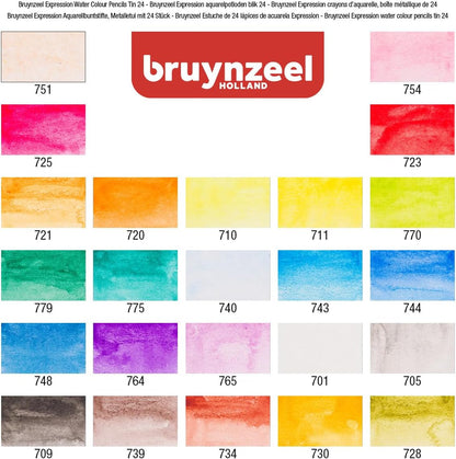 BRUYNZEEL Expression Crayons de couleur aquarellables set de 24 + pinceau| Crayons solubles à l'eau pour adultes, Bullet Journaling