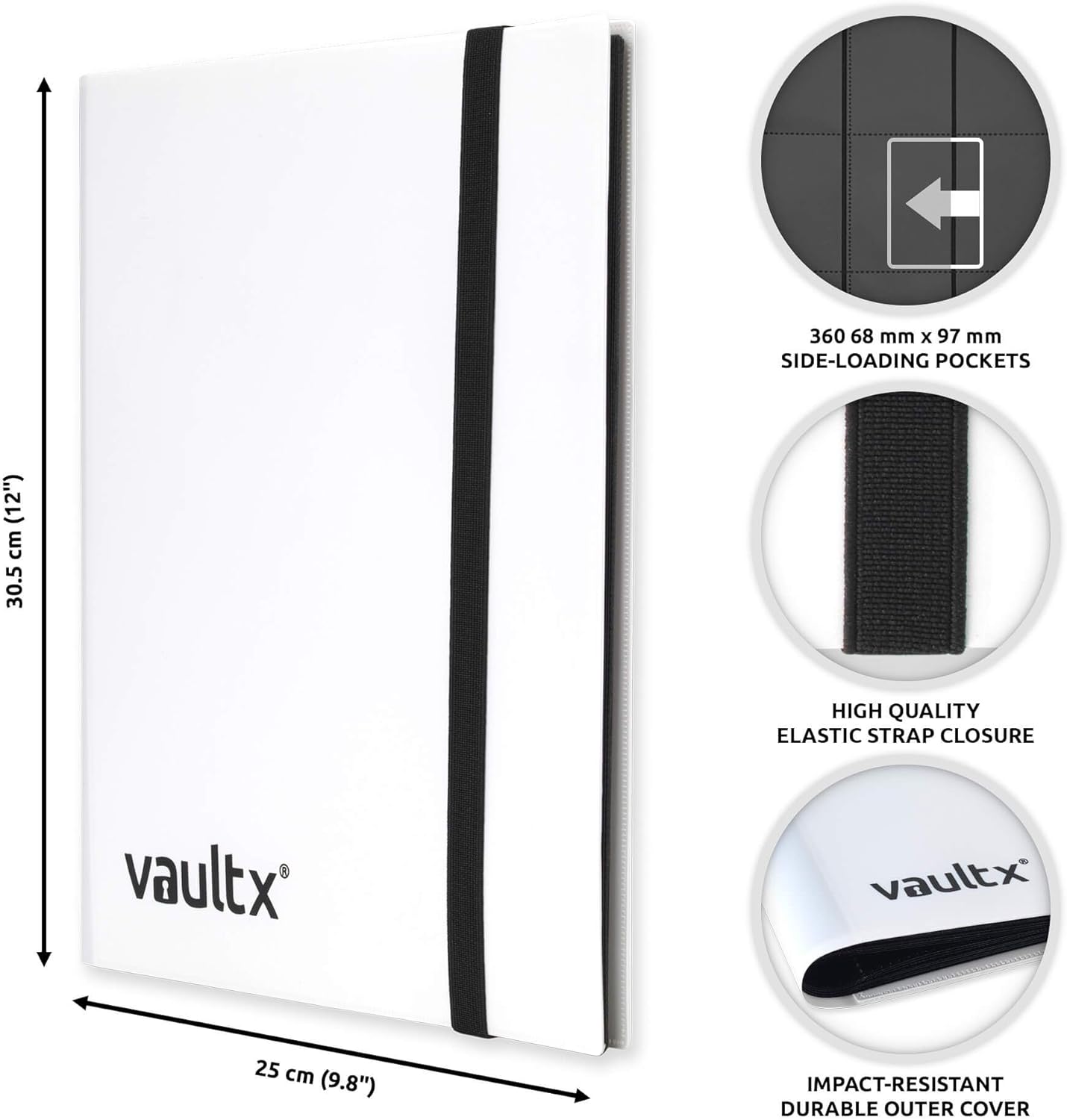 Vault X 9 Pocket Trading Card Strap Binder, 360 cards, Standard, 20 Side-Loading Pages, Folder for Collectible Card Games, Sports, TCG (White