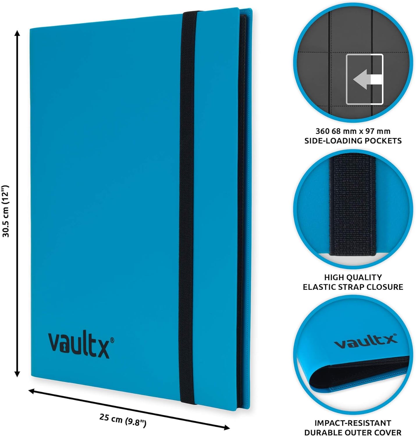 Vault X 9 Pocket Trading Card Strap Binder, 360 cards, Standard, 20 Side-Loading Pages, Folder for Collectible Card Games, Sports, TCG (Blue