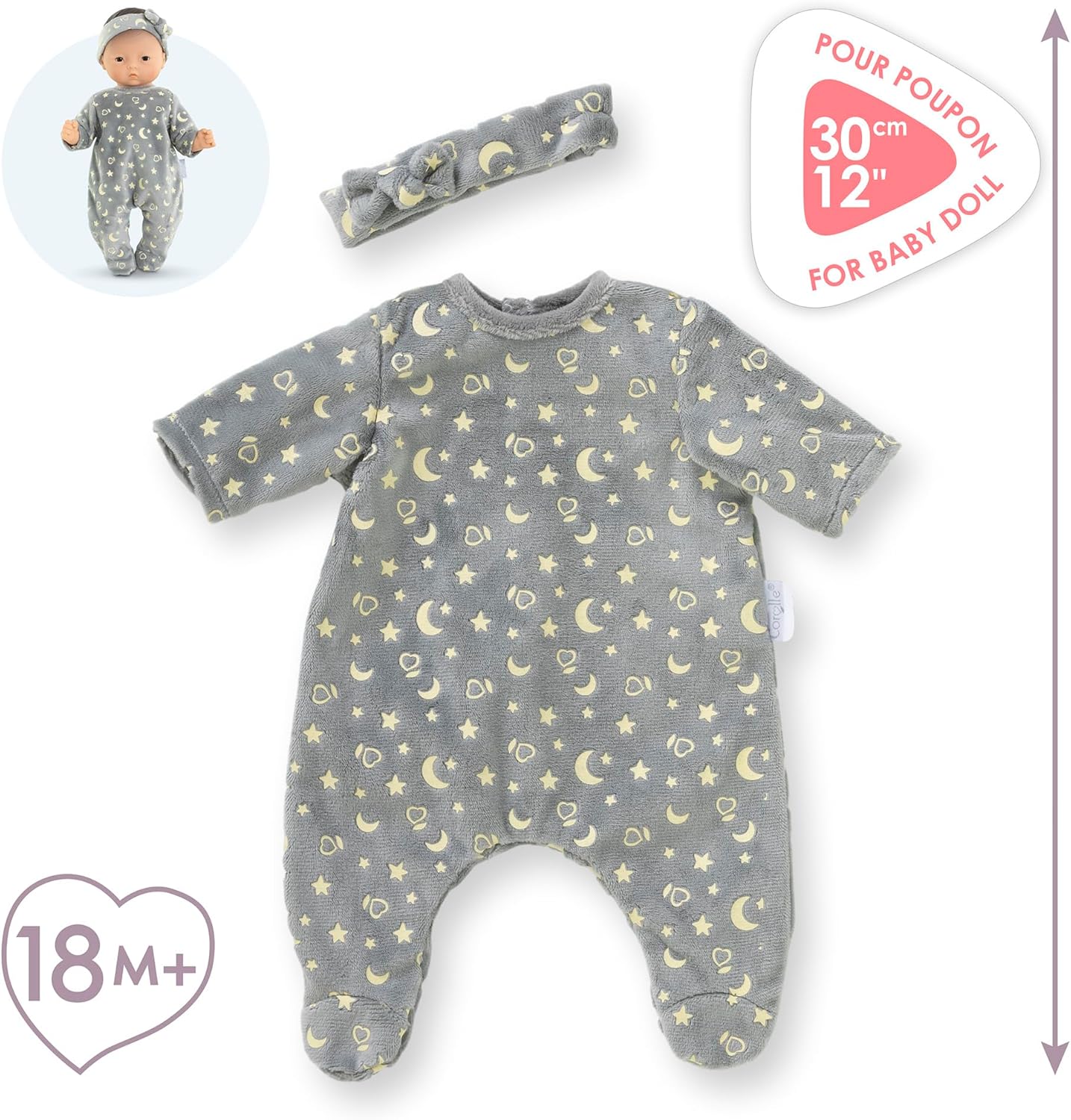 Corolle - Pyjama schijnt in de nacht en hoofdband, kleding, voor poppen 30 cm, vanaf 18 maanden, 9000111020