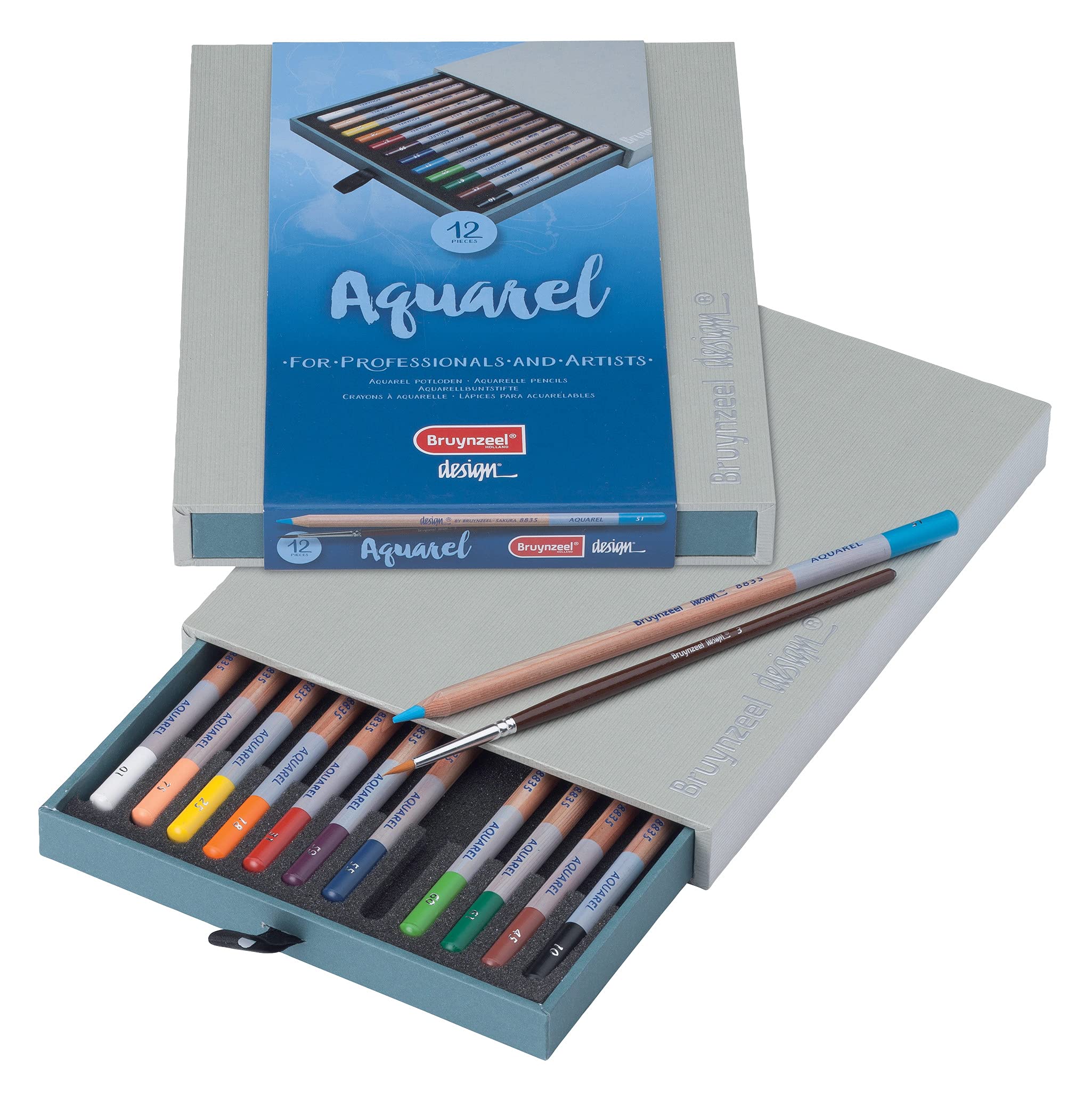 Bruynzeel Design Professionele Aquarelpotloden Set van 12 + Penseel | Wateroplosbare Potloden voor Tekenen, Kleuren & Schilderen