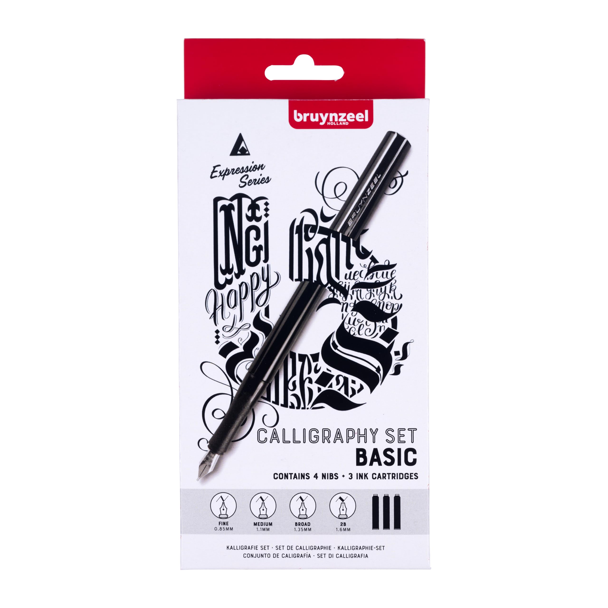 Bruynzeel Set Calligrafia Basic | Calligrafia per Principianti | Set di Penne Stilografiche con 4 Pennini, 3 Cartucce d'Inchiostro Nero e Convertitore d'Inchiostro + Istruzioni