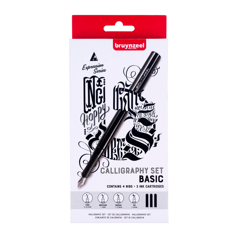 Bruynzeel Set Calligrafia Basic | Calligrafia per Principianti | Set di Penne Stilografiche con 4 Pennini, 3 Cartucce d'Inchiostro Nero e Convertitore d'Inchiostro + Istruzioni