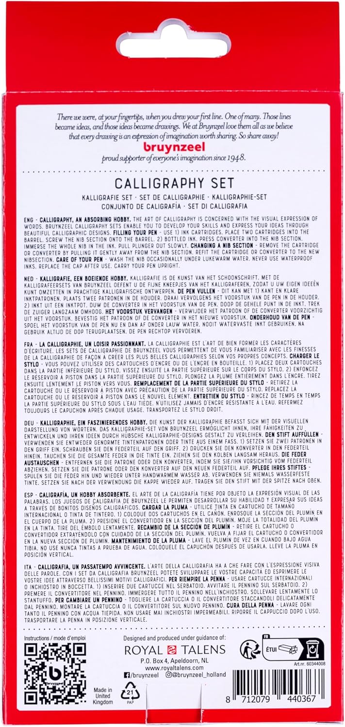 Bruynzeel Set Calligrafia Basic | Calligrafia per Principianti | Set di Penne Stilografiche con 4 Pennini, 3 Cartucce d'Inchiostro Nero e Convertitore d'Inchiostro + Istruzioni