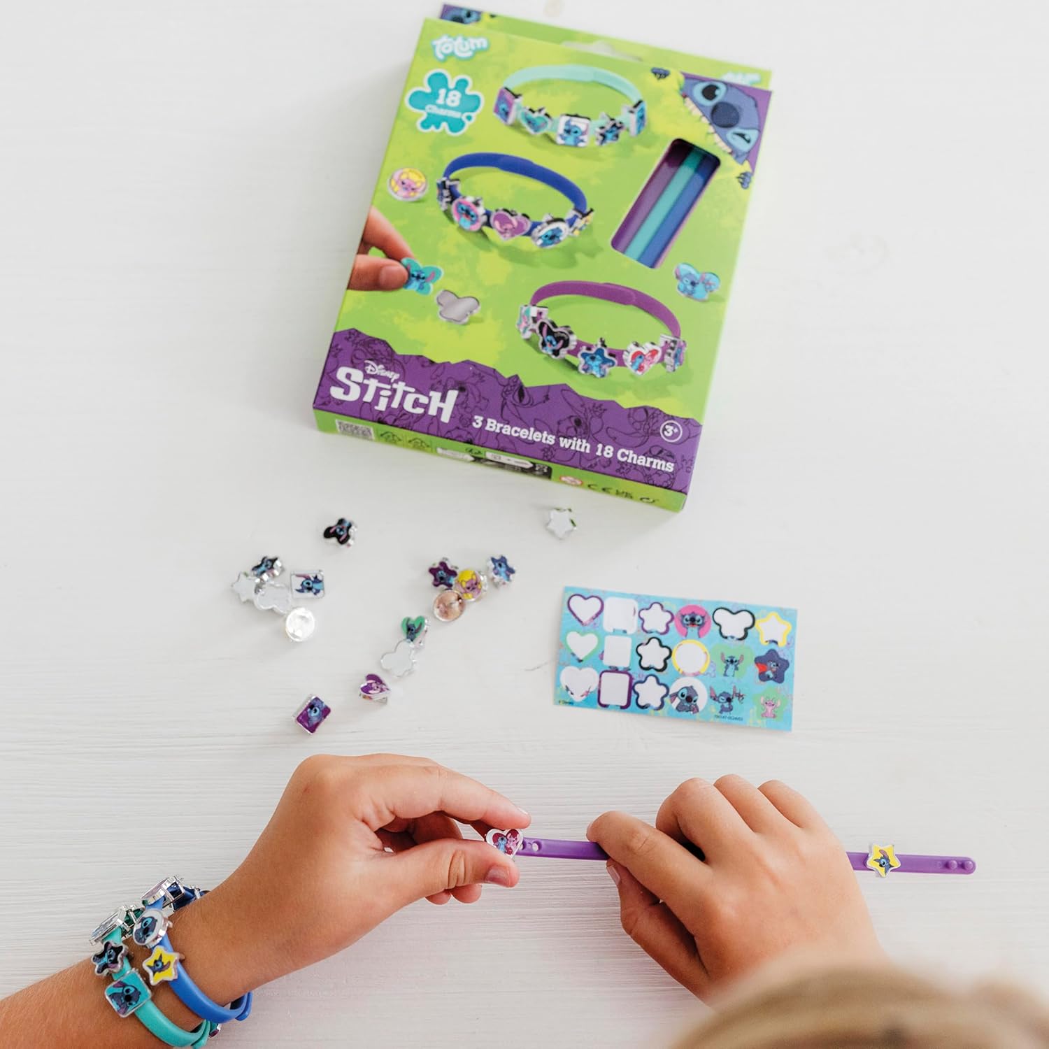 TM ESSENTIALS Stitch Bracelet Set of 18 Charms for Kids | Yellow Blue and Red Charm Bracelets for Creative DIY - Unique Jewellery Fun with Cute Stitch Motifs, 14 Cm, Rubber, No Gemstone Suits Ages 4+