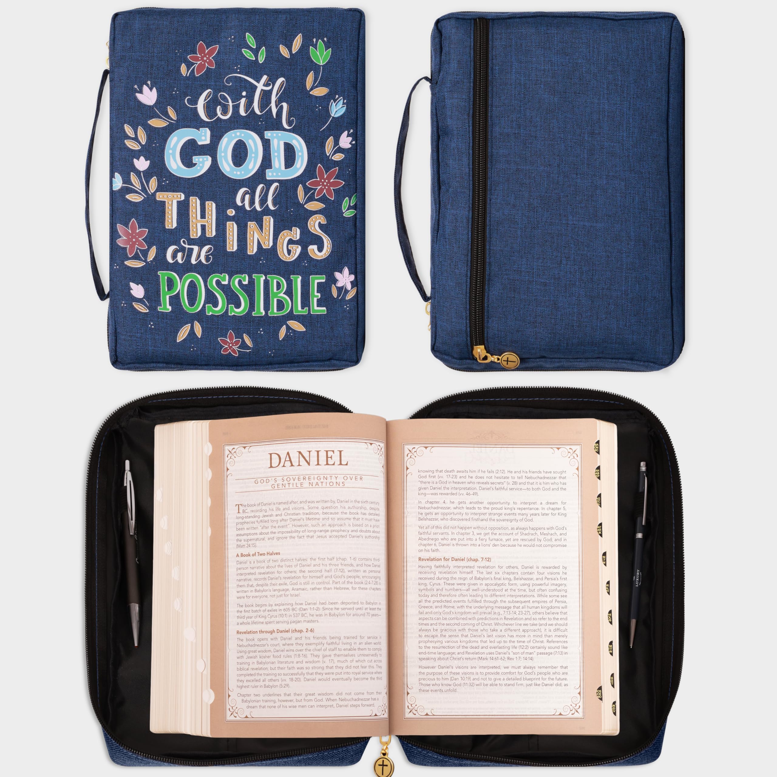 Christian Art Gifts Men/Women's Bible Cover with God All Things are Possible Matthew 19:26, Blue Floral Canvas