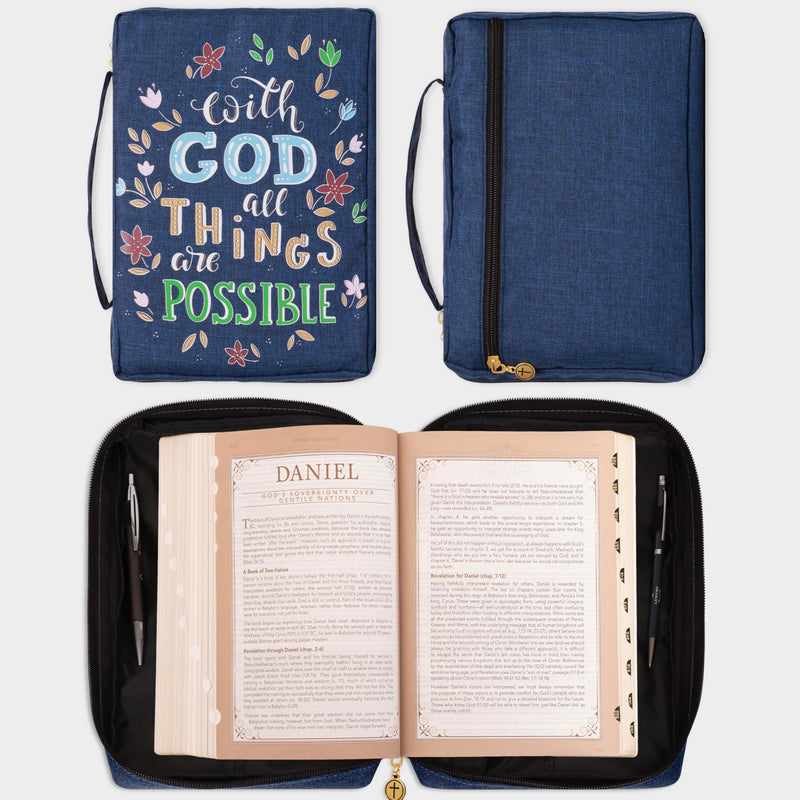 Christian Art Gifts Men/Women's Bible Cover with God All Things are Possible Matthew 19:26, Blue Floral Canvas