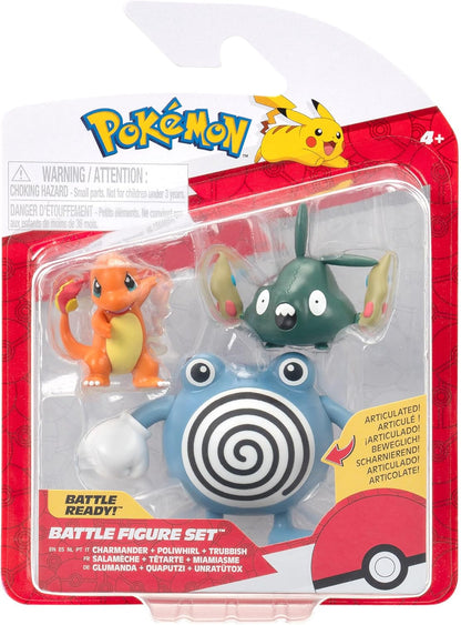 Pokémon Battle Figure 3 Pack - Features 2-Inch Charmander and Trubbish and 3-Inch Poliwhirl Battle Figures