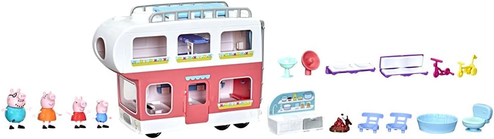 Peppa Pig Camper for toddlers, is a playset with transformable camper that plays sounds and music (LANGUAGE: FRENCH