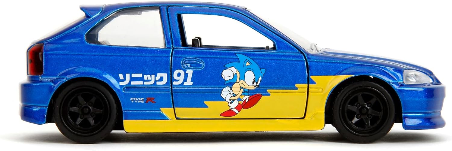 Jada Toys Sonic The Hedgehog Car Honda Civic Type-R 1997 (13.5 cm) - Metal Model Car with Doors to Open, Toy Vehicle for Fans and Children from 8 Years