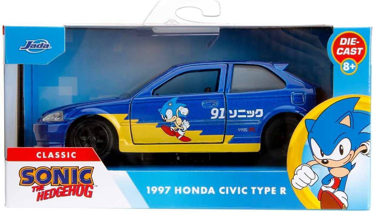 Jada Toys Sonic The Hedgehog Car Honda Civic Type-R 1997 (13.5 cm) - Metal Model Car with Doors to Open, Toy Vehicle for Fans and Children from 8 Years