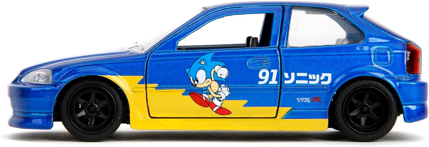 Jada Toys Sonic The Hedgehog Car Honda Civic Type-R 1997 (13.5 cm) - Metal Model Car with Doors to Open, Toy Vehicle for Fans and Children from 8 Years