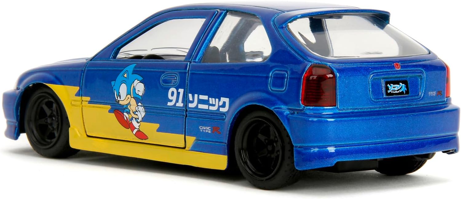 Jada Toys Sonic The Hedgehog Car Honda Civic Type-R 1997 (13.5 cm) - Metal Model Car with Doors to Open, Toy Vehicle for Fans and Children from 8 Years