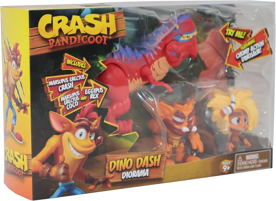 Crash Bandicoot Bandai Dino Dash Diorama | Play Set Includes 2 6cm Crash And Coco Collectable Figures And A Chomp Action Dinosaur Toy Based On Video Games | Great Girls And Boys Toys