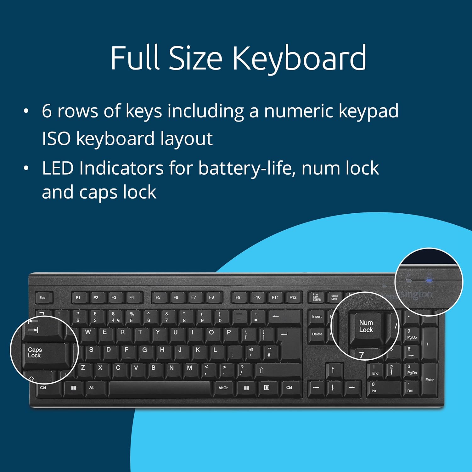 Kensington KB150 EQ Wireless Keyboard, QWERTY, Compatible with Windows and MacOS, Full-Size and Spill-Proof Design, Composed of 55% Post-Consumer Recycled Content* (K75561UK