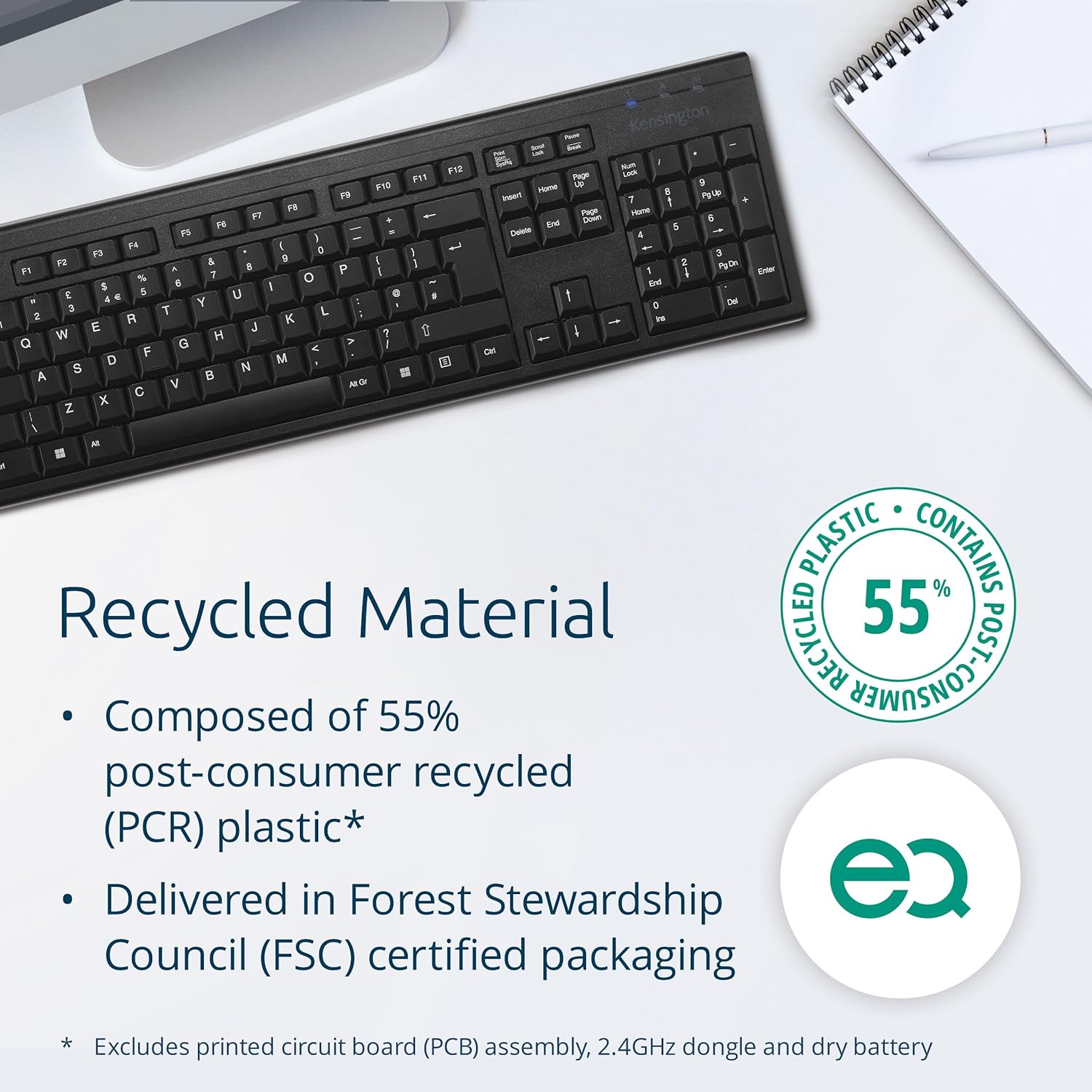 Kensington KB150 EQ Wireless Keyboard, QWERTY, Compatible with Windows and MacOS, Full-Size and Spill-Proof Design, Composed of 55% Post-Consumer Recycled Content* (K75561UK