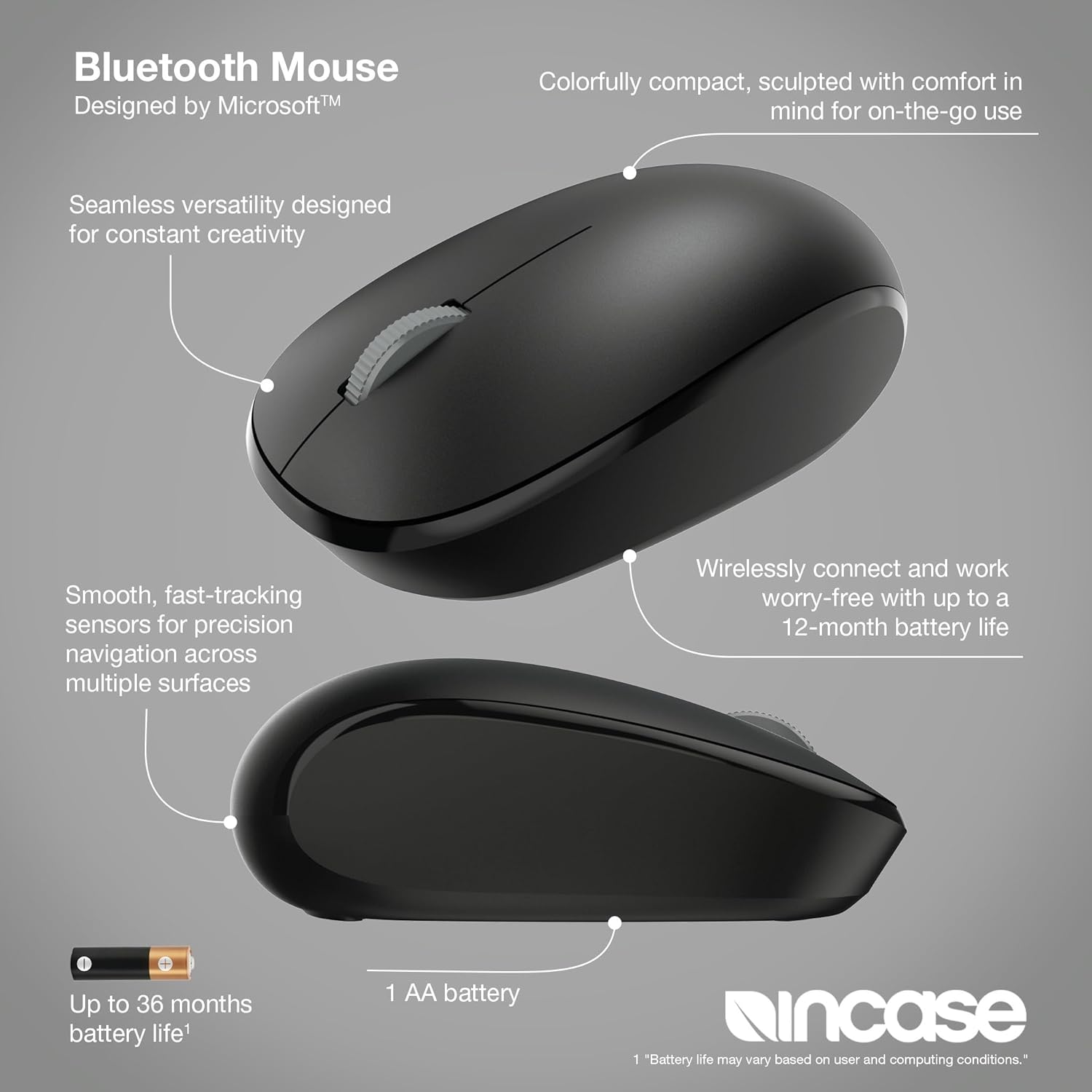 Incase Bluetooth Mouse – Designed by Microsoft – Compact & Sculpted for Comfort, 12-Month Battery Life, Fast-Tracking Sensors, Precision Navigation Across Multiple Surfaces, 1 AA Battery (Black