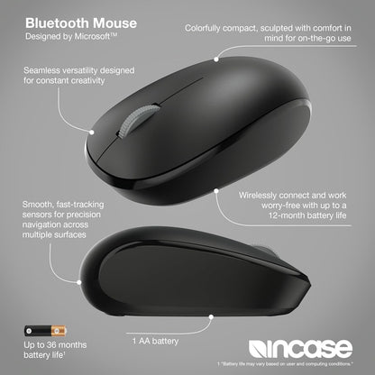 Incase Bluetooth Mouse – Designed by Microsoft – Compact & Sculpted for Comfort, 12-Month Battery Life, Fast-Tracking Sensors, Precision Navigation Across Multiple Surfaces, 1 AA Battery (Black