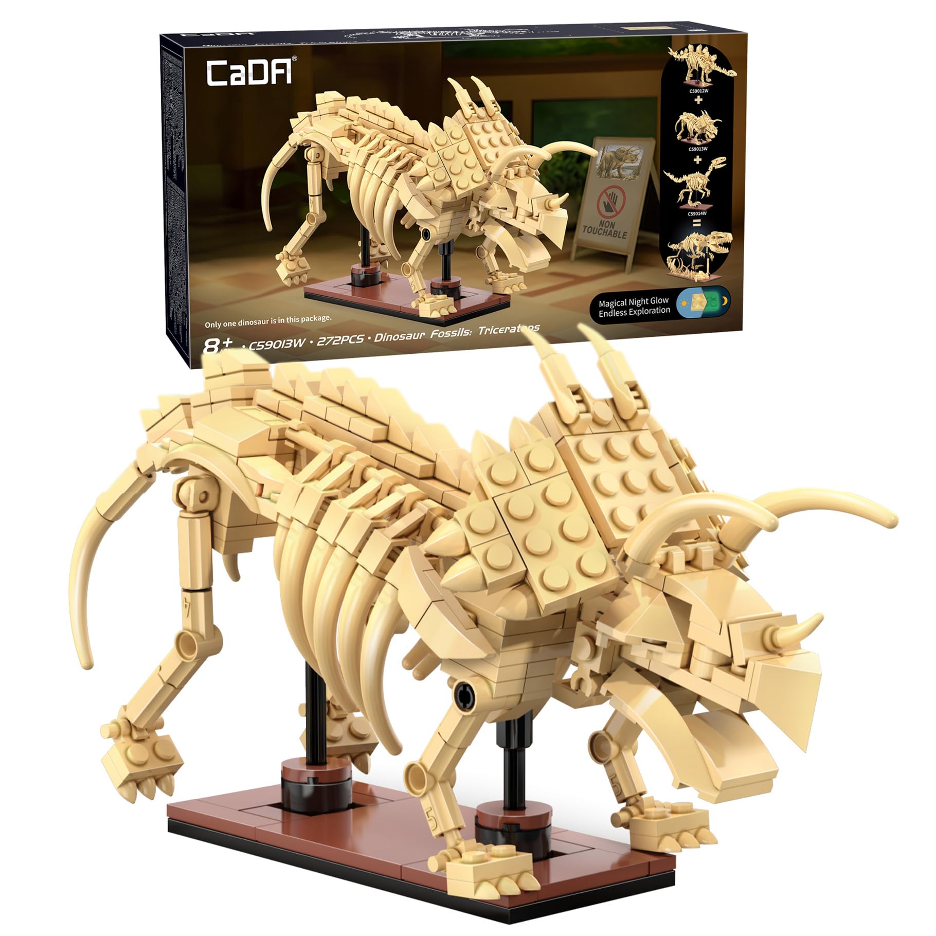 CaDA Triceratops Dinosaur Skeleton - 272 Piece Brick Model Kit C59013W | A museum style dinosaur fossil display