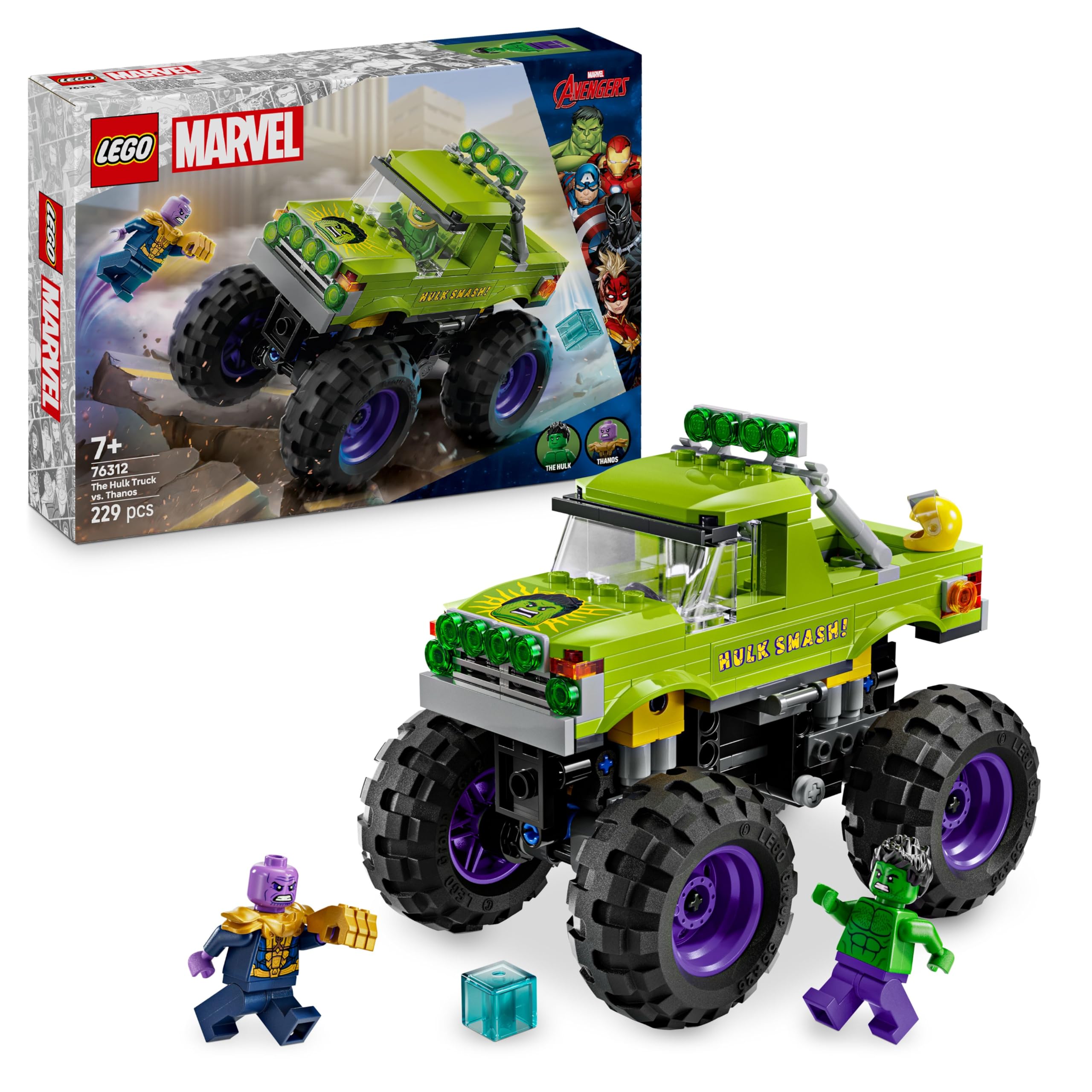LEGO Marvel The Hulk Truck vs. Thanos - Super Hero Building Toy with a Monster Truck plus 2 Minifigures & Accessories incl. an Infinity Gauntlet - Collectible Set for 7+ Year Old Boys & Girls - 76312