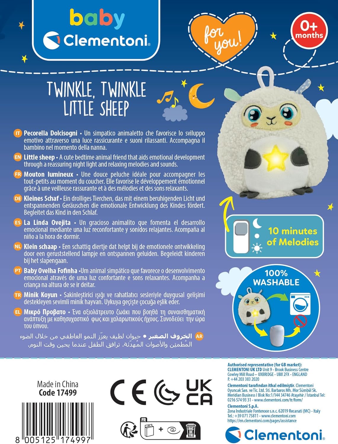 Clementoni Baby for You - Twinkle Twinkle Little Sheep, Luce Notturna per Bambini, Gioco Prima Infanzia da 0 Mesi+, Pecorella con Luci e Suoni Rilassanti, Supporto per Sonno Sereno, 17499