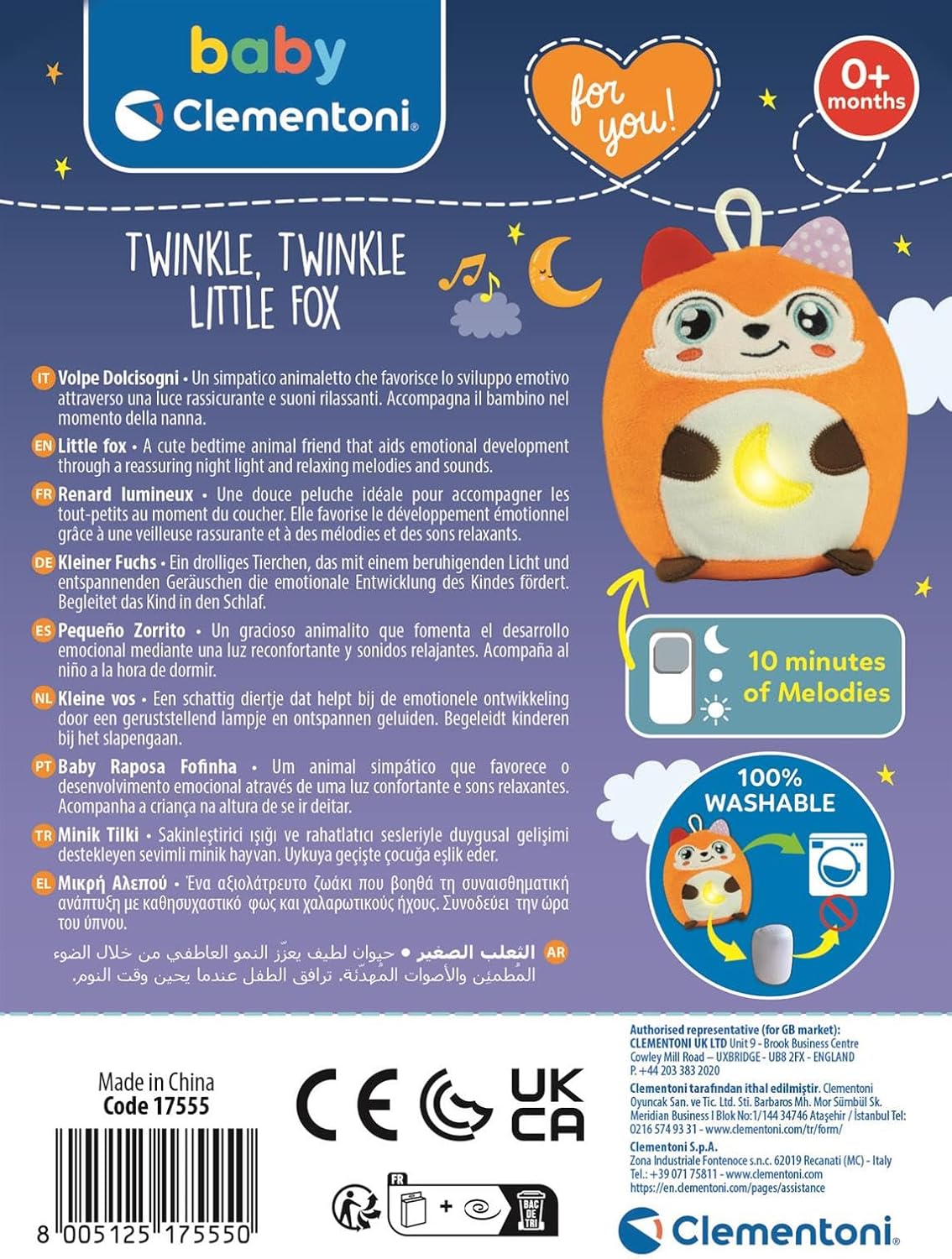 Clementoni Baby for You – Twinkle Twinkle Little Fox, Zorro con Luces y Sonidos relajantes, Soporte para sueño Sereno (17555