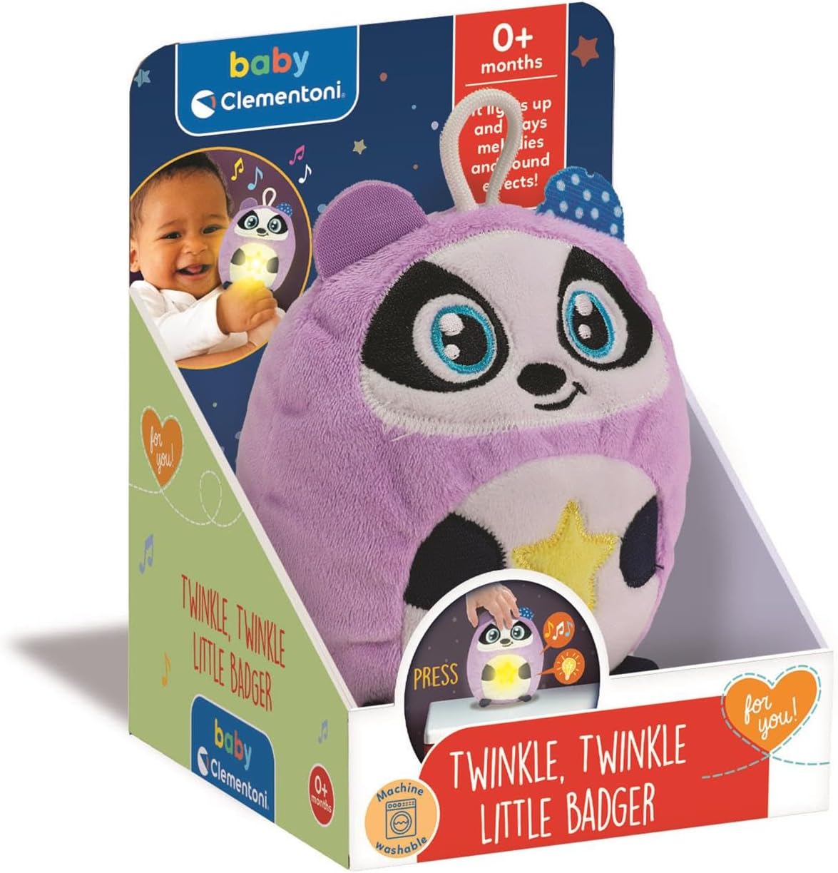Clementoni Baby for You Twinkle Twinkle Little Badger, nachtlampje voor kinderen, eerste kinderspel vanaf 0 maanden, kalmerende lichten en geluiden, ondersteuning voor een rustige slaap, 17556
