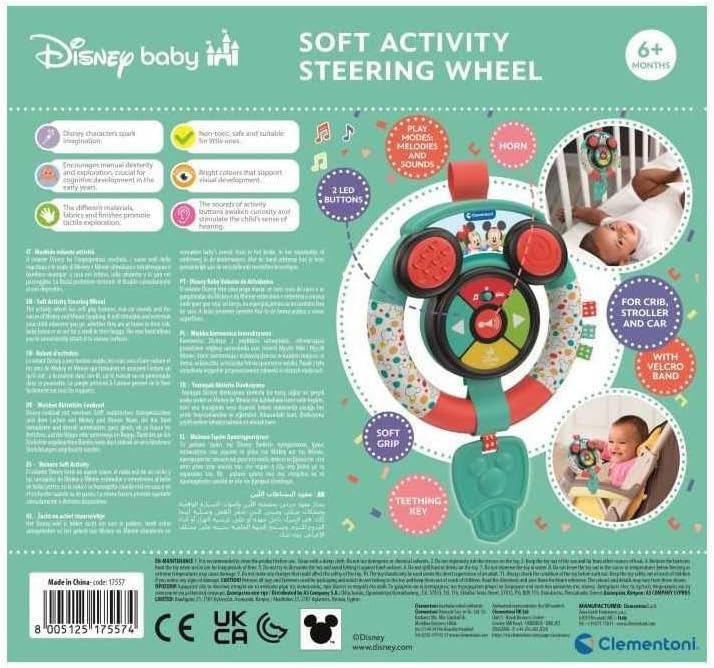 Clementoni Baby Disney 17557 Zacht stuurwiel voor kinderen vanaf 6 maanden, met geluiden en lichten, imitatie educatief spel voor de vroege kindertijd, bevordert de behendigheid en de cognitieve