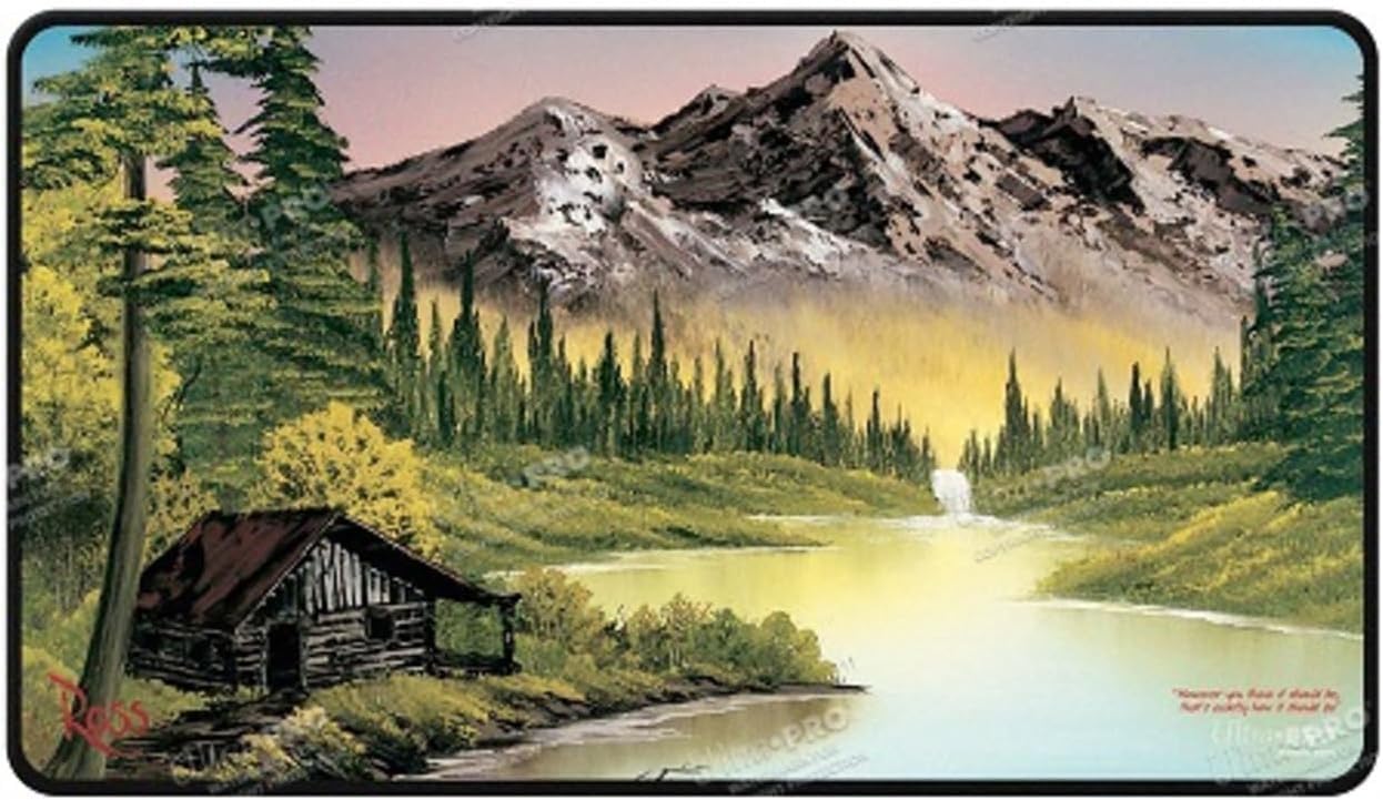 Ultra PRO - Bob Ross Mountain Retreat Black Stitched Playmat, Gaming Mat, Card Games, Tabletop Game Accessories, Oversize Mousepad, Office, Bob Ross Art Collectible, Non-Slip Playmat, Gaming