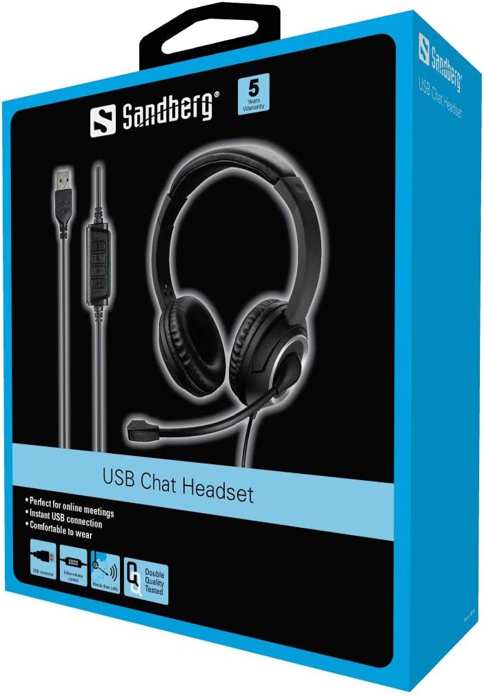 Sandberg USB Chat Headset | Wired Headset with Microphone | Lightweight, Over Ear Office | Headphones with Padded Headband | Volume Control | USB Headset for Laptop and PC | 20 Hz to 20 kHz