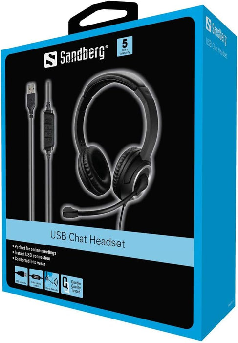 Sandberg USB Chat Headset | Wired Headset with Microphone | Lightweight, Over Ear Office | Headphones with Padded Headband | Volume Control | USB Headset for Laptop and PC | 20 Hz to 20 kHz