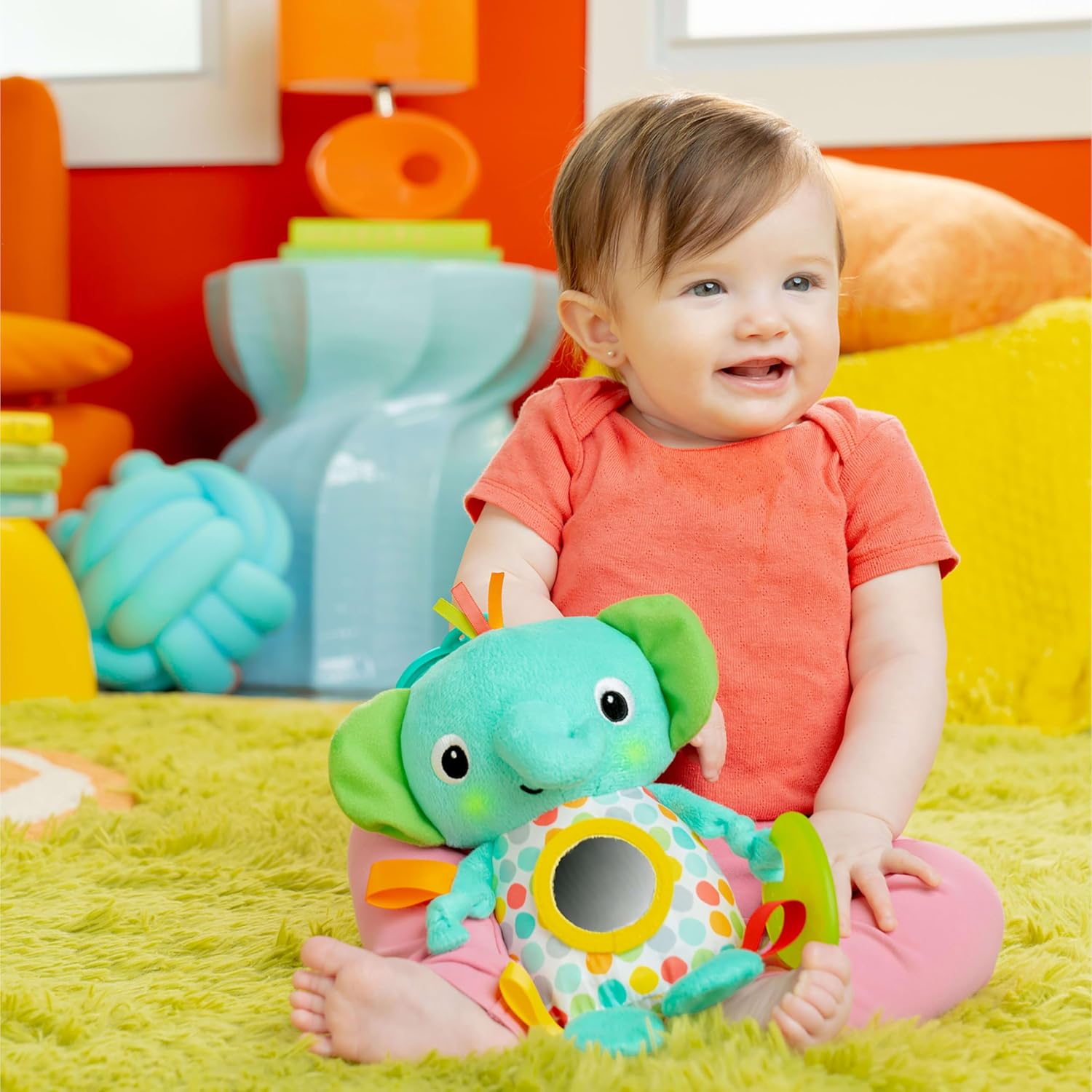 Bright Starts, Huggin' Lights muziekspeelgoed, olifant, pluche, ideaal voor kinderwagen of ligstoel, uniseks, 0-6 maanden