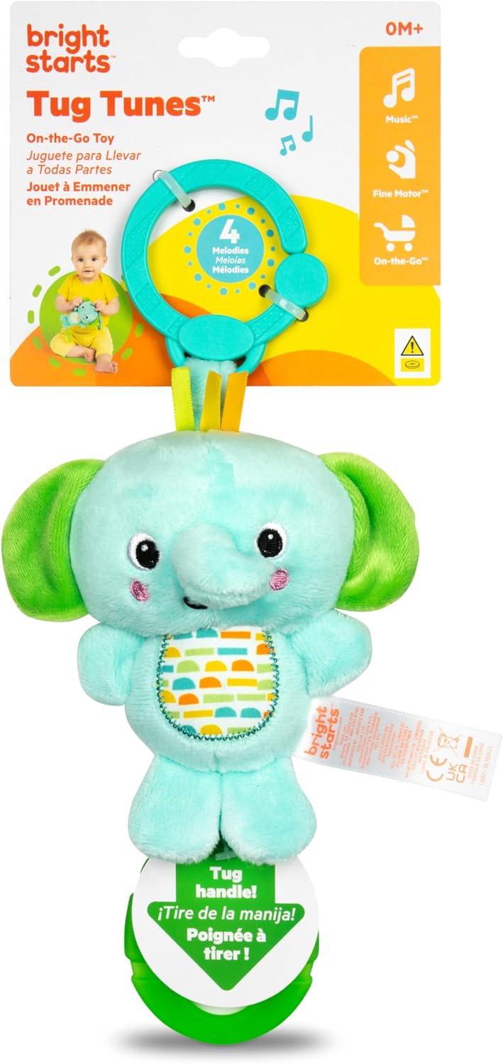 Bright Starts, Peluche Musical Eléphant, pour poussettes et transat, Jouet Nomade, Nettoyage Facile